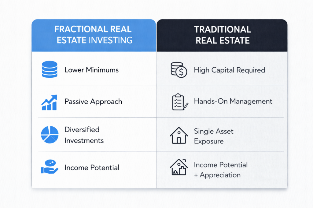 Fractional real estate investing vs traditional real estate comparison showing lower minimums, passive income, and diversification versus high capital and active management