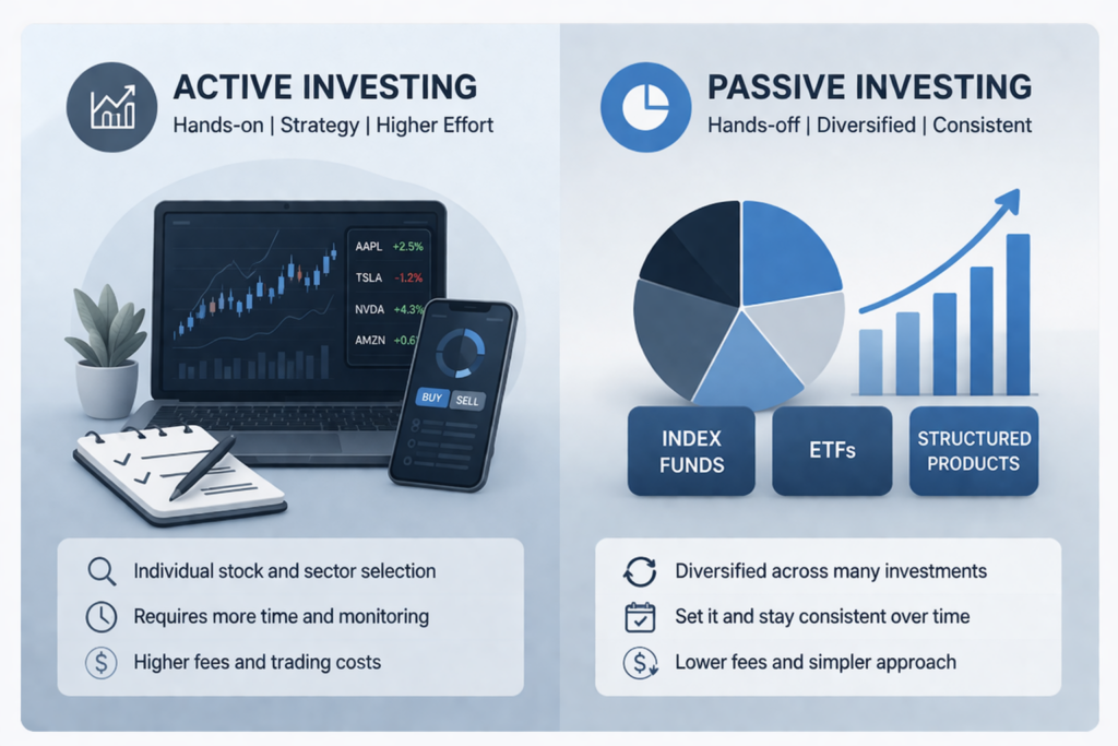 Infographic comparing Active Investing and Passive Investing, showing hands-on stock selection and higher effort on one side and diversified index fund portfolio and consistent growth on the other