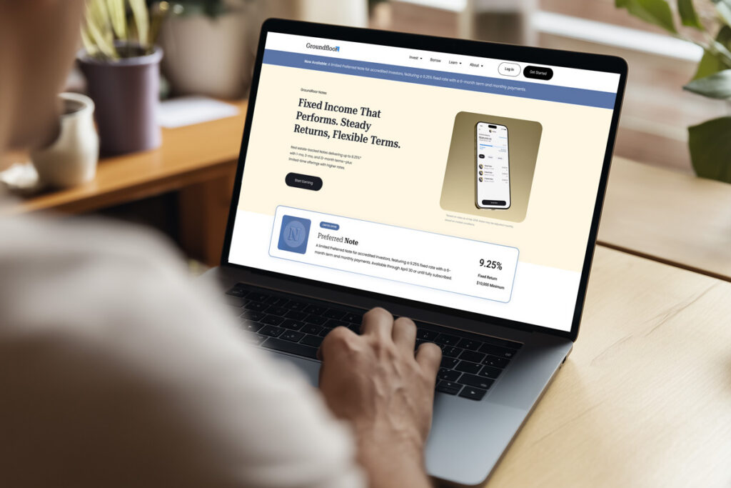 Fixed income that performs. Steady returns, flexible terms. Groundfloor Notes offer 1, 3, 6, and 12 month terms with current rates up to 9.25% for accredited investors, 8.25% for non-accredited.